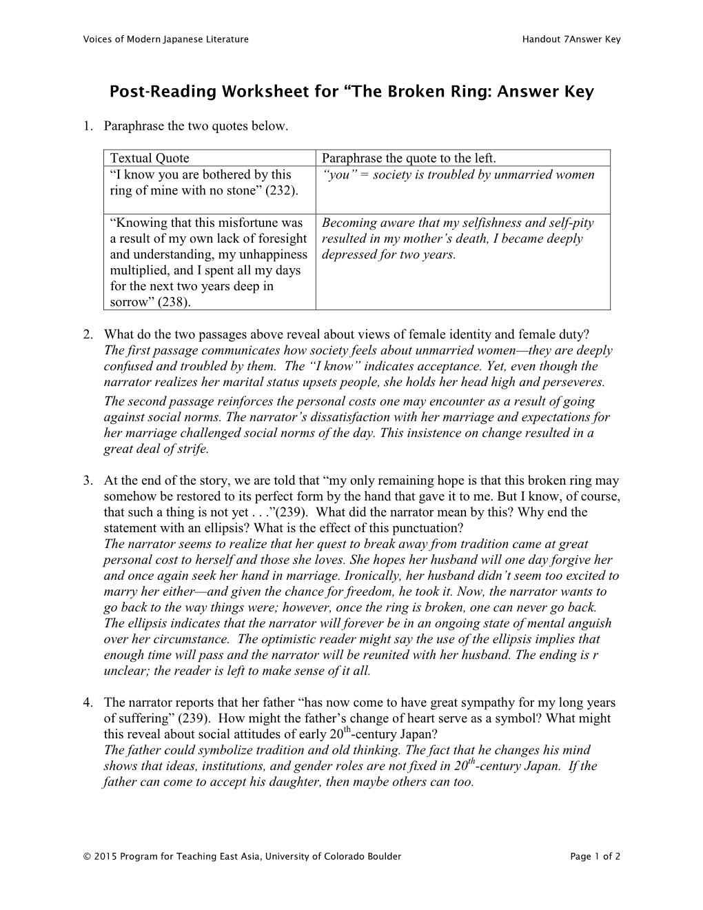 Post-Reading Worksheet for “The Broken Ring: Answer Key