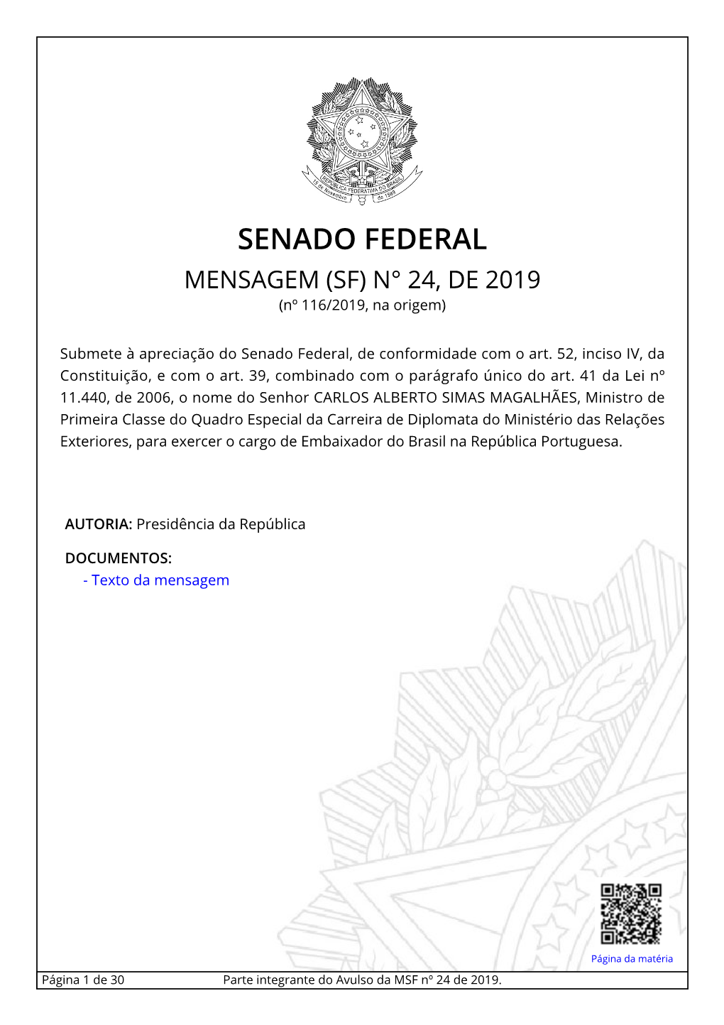 SENADO FEDERAL MENSAGEM (SF) N° 24, DE 2019 (Nº 116/2019, Na Origem)