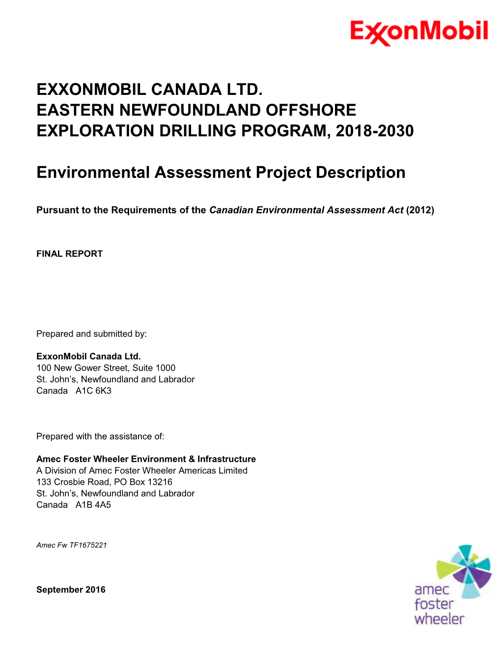 Exxonmobil Canada Ltd. Eastern Newfoundland Offshore Exploration Drilling Program, 2018-2030