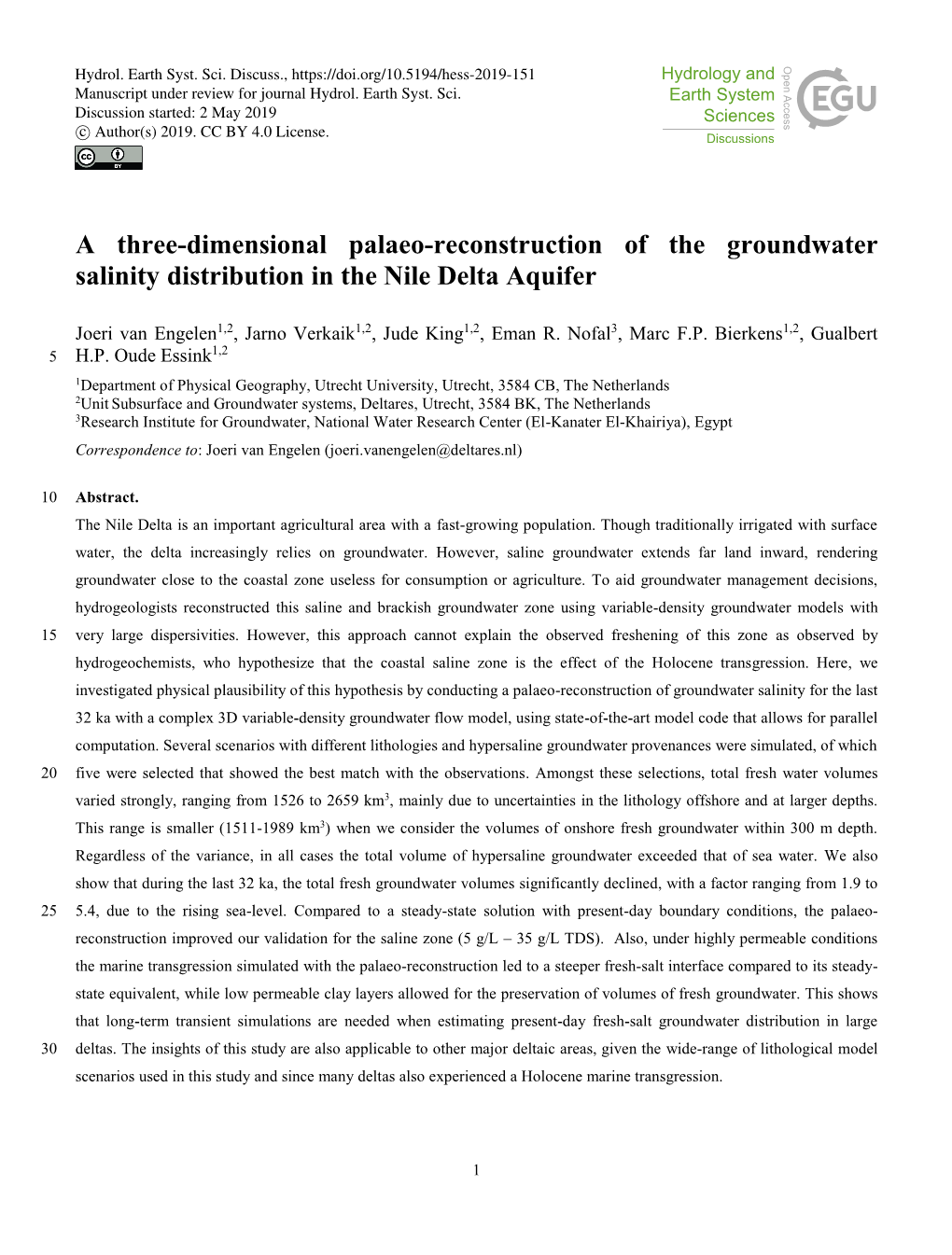 A Three-Dimensional Palaeo-Reconstruction of the Groundwater Salinity Distribution in the Nile Delta Aquifer