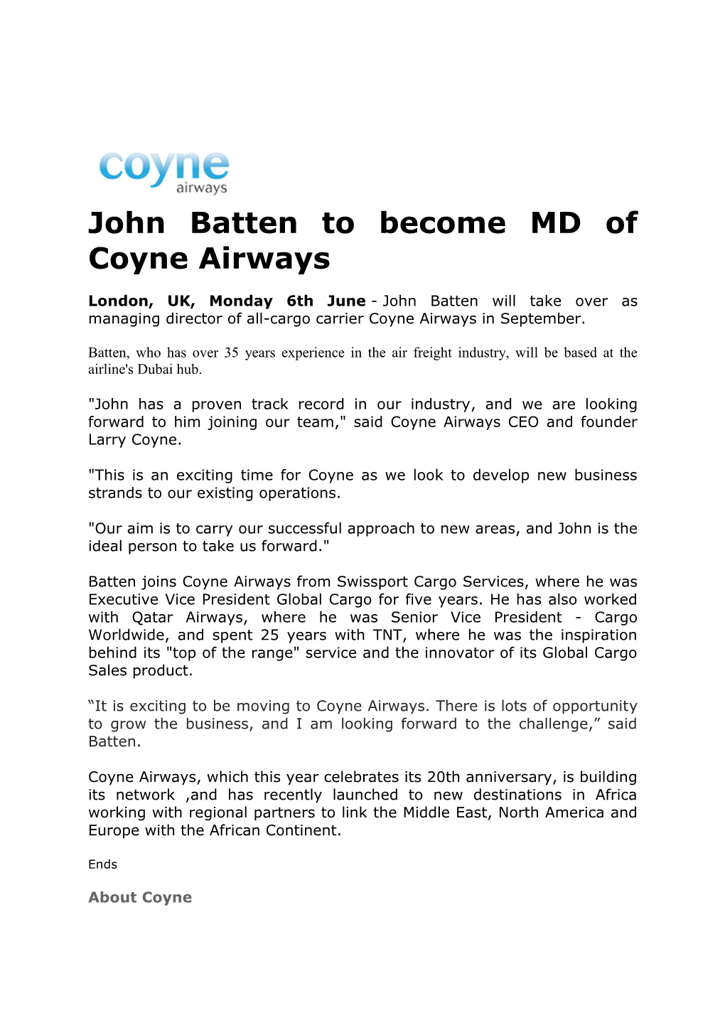 John Batten to Become MD of Coyne Airways