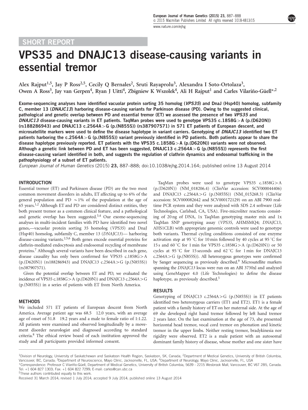 VPS35 and DNAJC13 Disease-Causing Variants in Essential Tremor