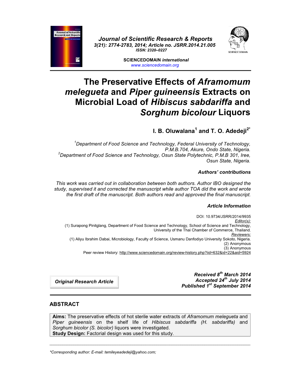 The Preservative Effects of Aframomum Melegueta and Piper Guineensis Extracts on Microbial Load of Hibiscus Sabdariffa and Sorghum Bicolour Liquors