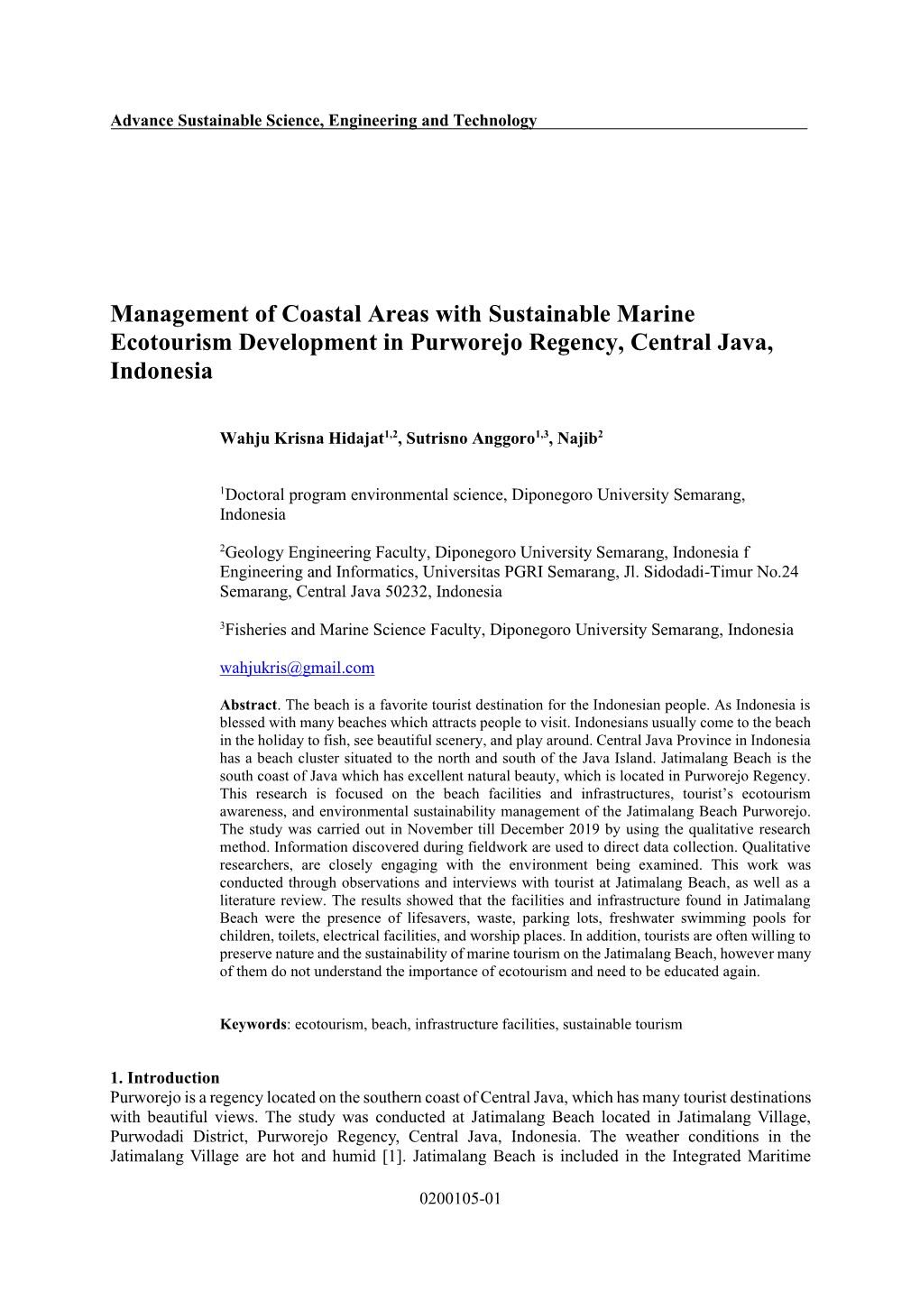 Management of Coastal Areas with Sustainable Marine Ecotourism Development in Purworejo Regency, Central Java, Indonesia