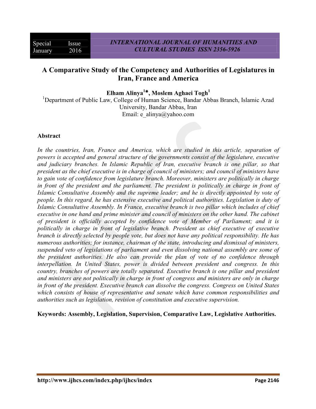 A Comparative Study of the Competency and Authorities of Legislatures in Iran, France and America