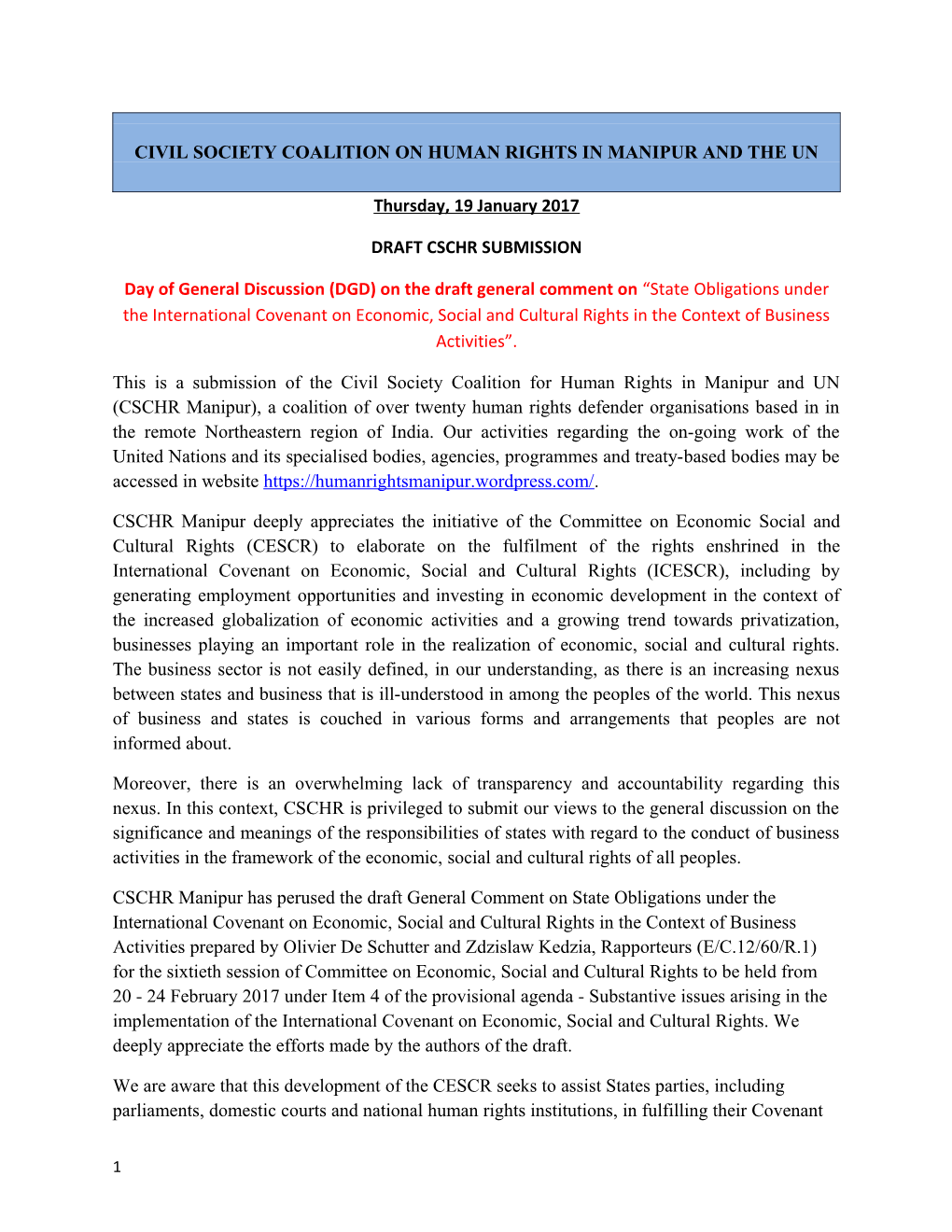 Civil Society Coalition on Human Rights in Manipur and the Un