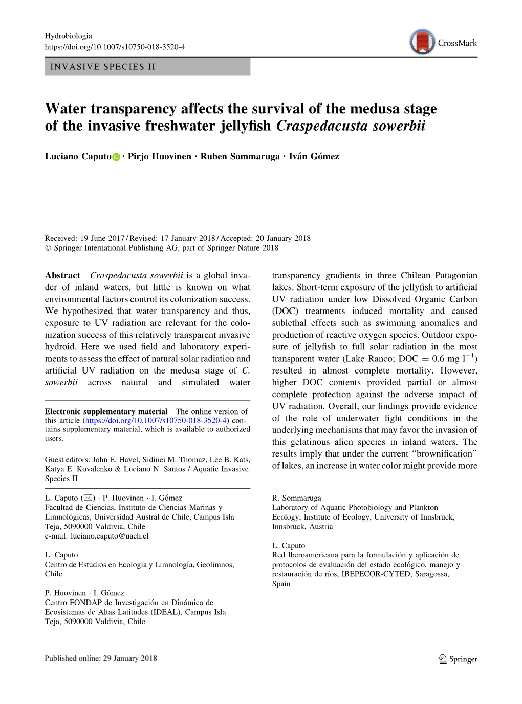 Water Transparency Affects the Survival of the Medusa Stage of the Invasive Freshwater Jellyﬁsh Craspedacusta Sowerbii