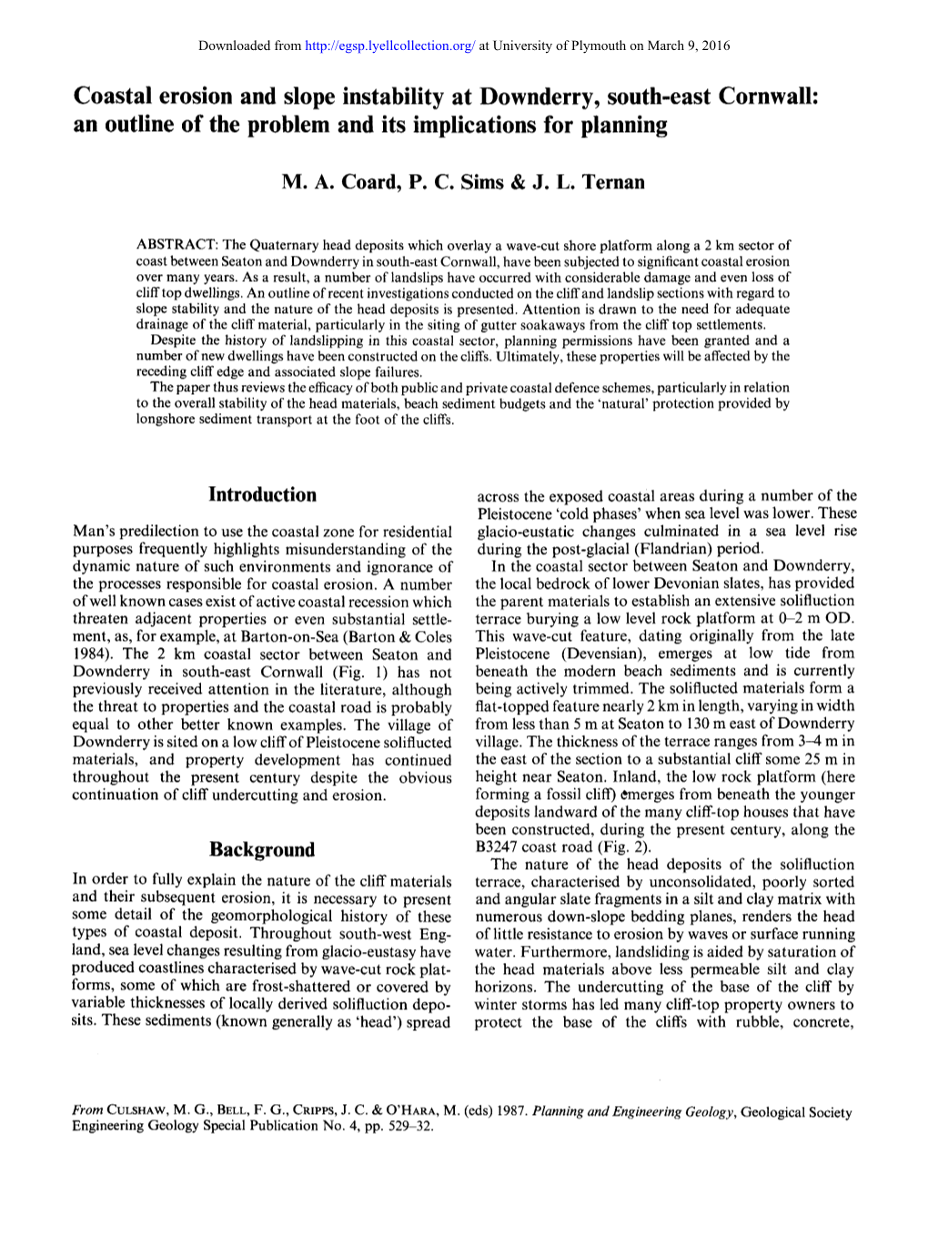 Coastal Erosion and Slope Instability at Downderry, South-East Cornwall: an Outline of the Problem and Its Implications for Planning