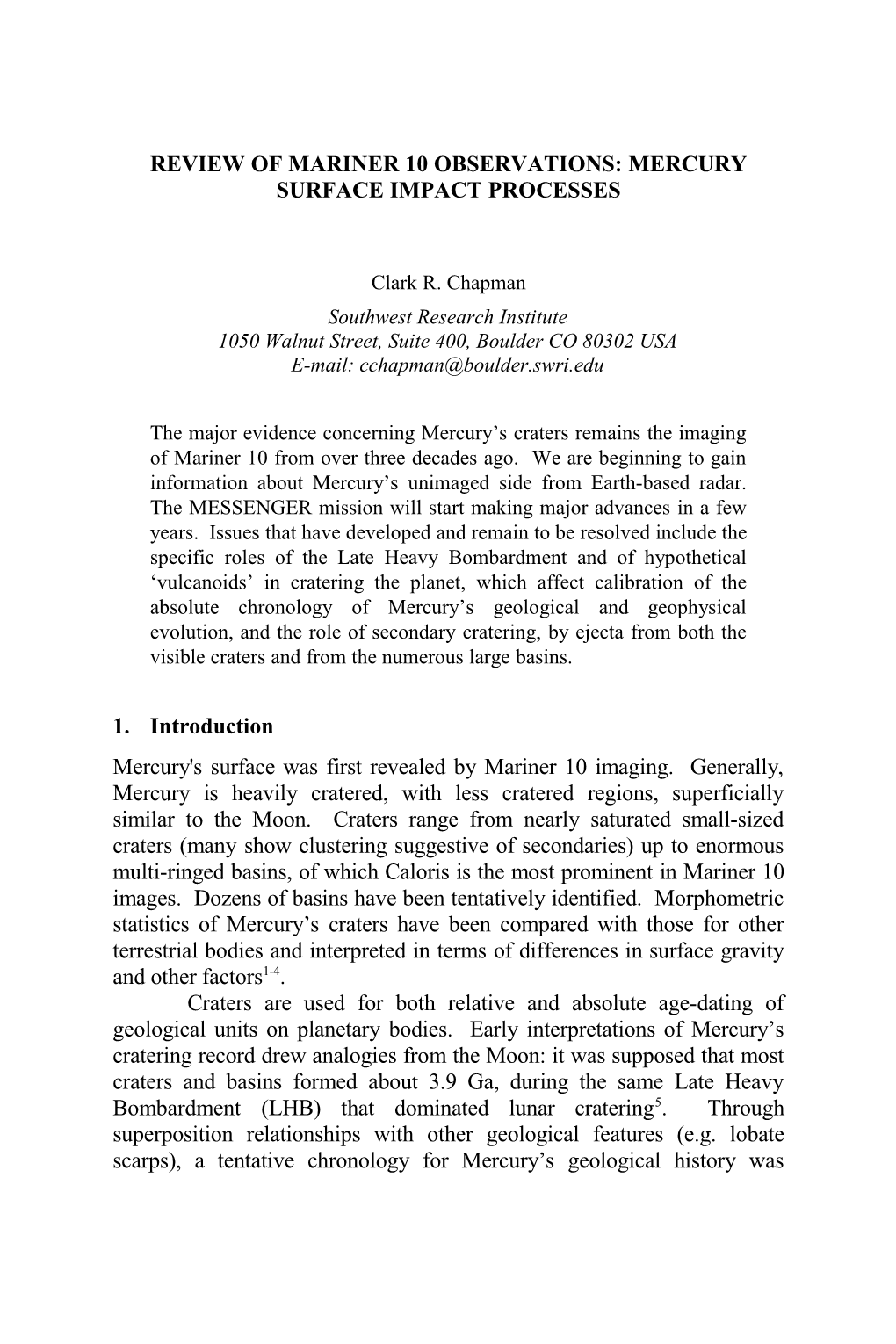 Review of Mariner 10 Observations: Mercury Surface Impact Processes