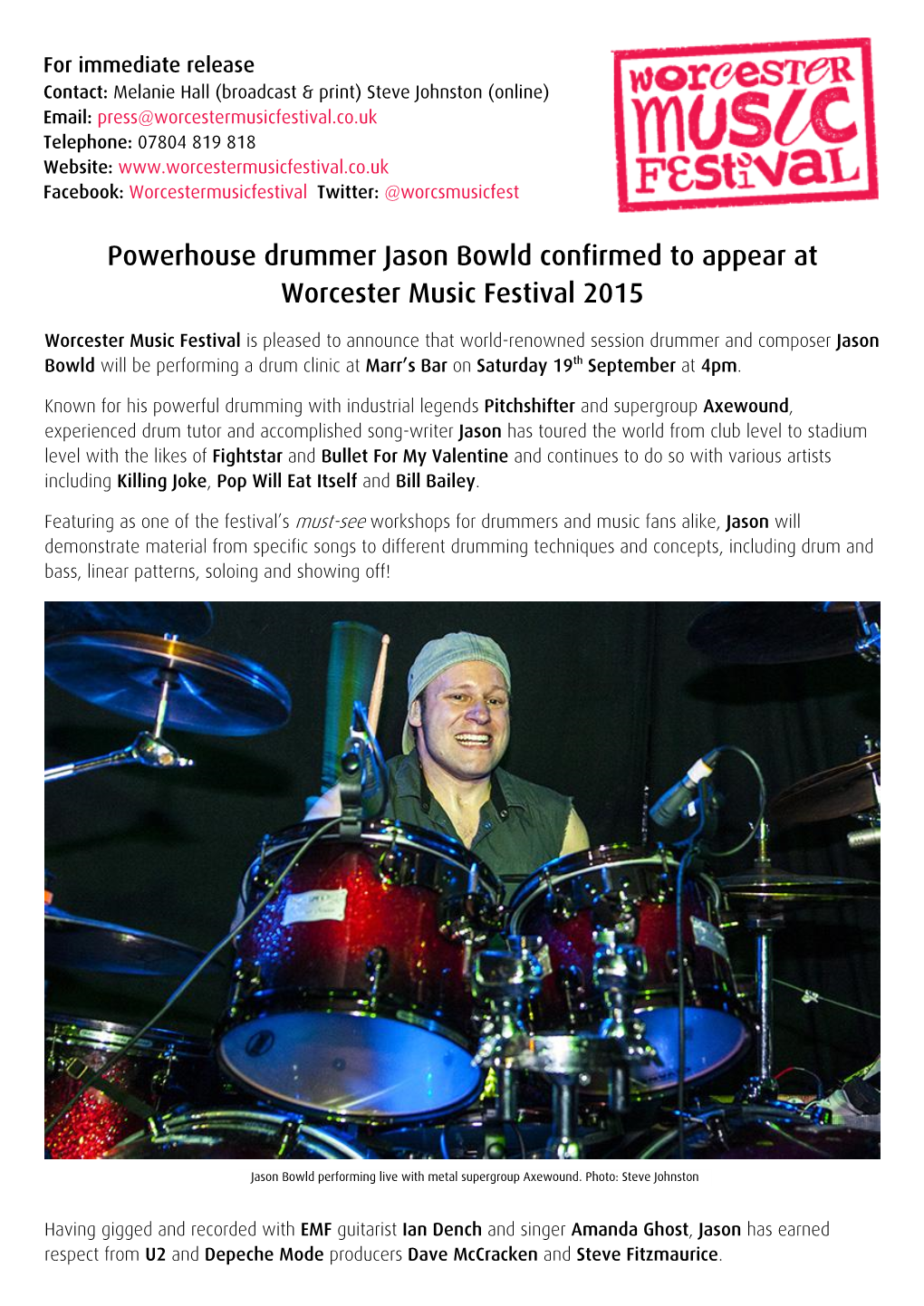 Powerhouse Drummer Jason Bowld Confirmed to Appear at Worcester Music Festival 2015