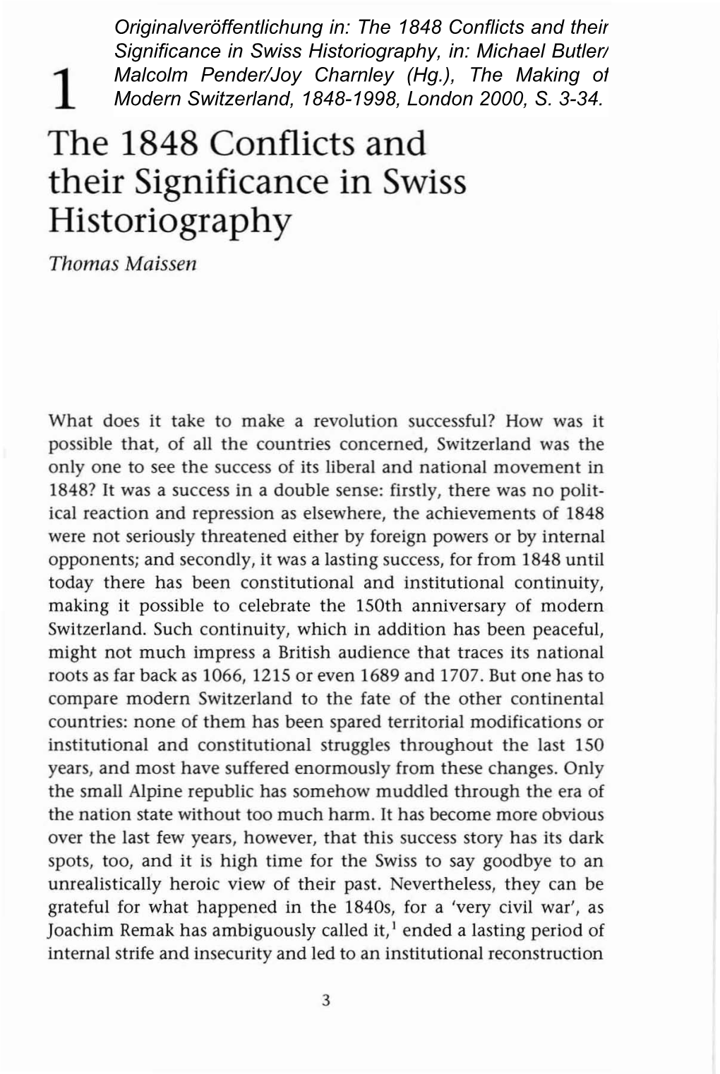 The 1848 Conflicts and Their Significance in Swiss Historiography Thomas Maissen