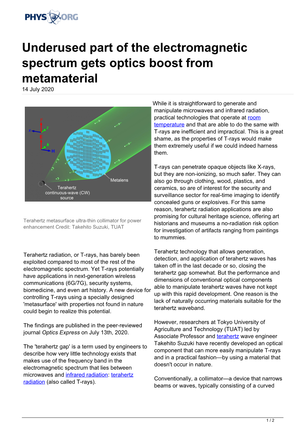 Underused Part of the Electromagnetic Spectrum Gets Optics Boost from Metamaterial 14 July 2020