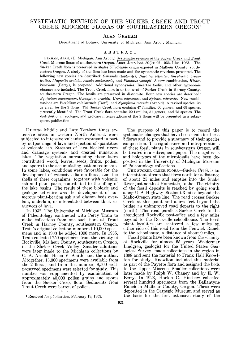 Systematic Revision of the Sucker Creek and Trout Creek Miocene Floras of Southeastern Oregon 1