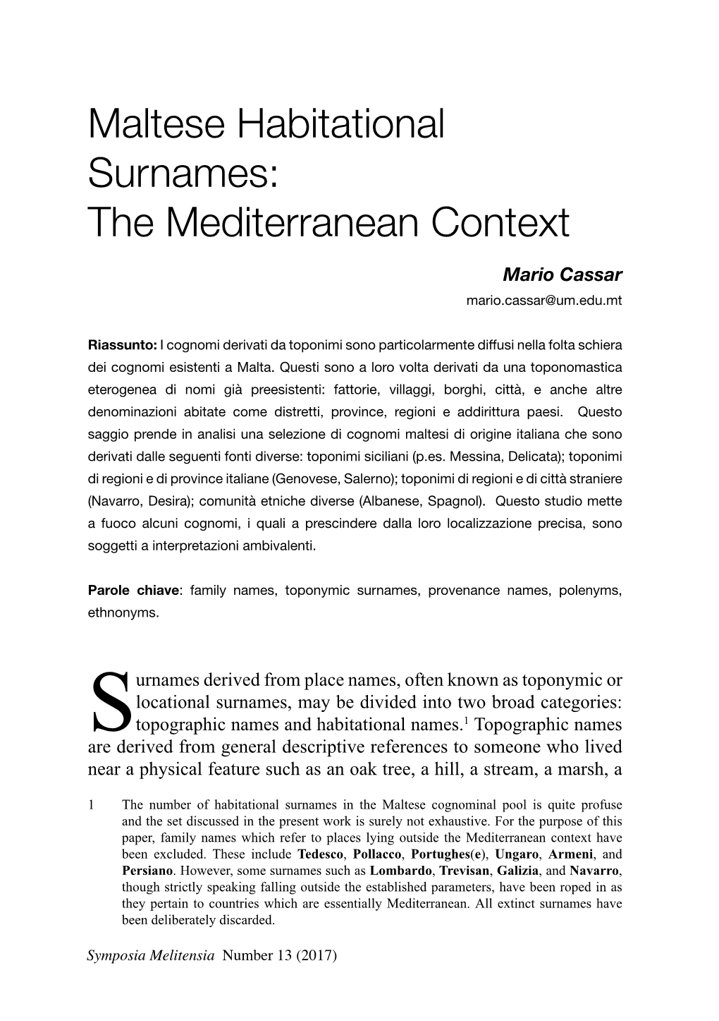 Maltese Habitational Surnames: the Mediterranean Context