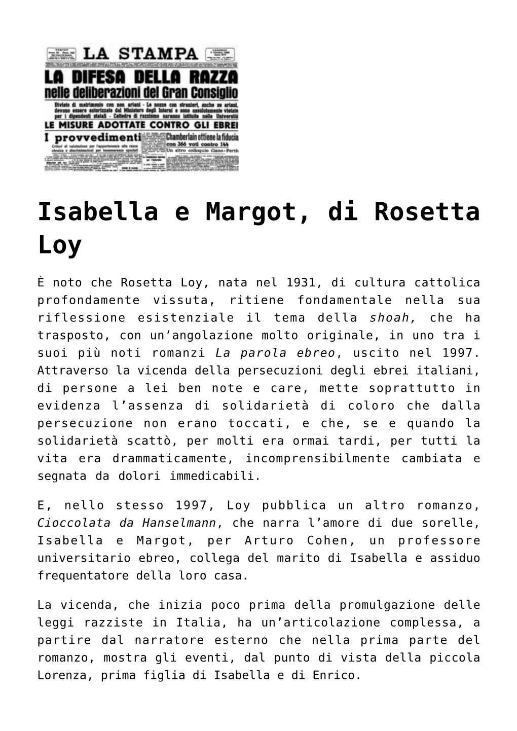 Isabella E Margot, Di Rosetta Loy,Ni Una Mujer Menos, Ni Una Muerta