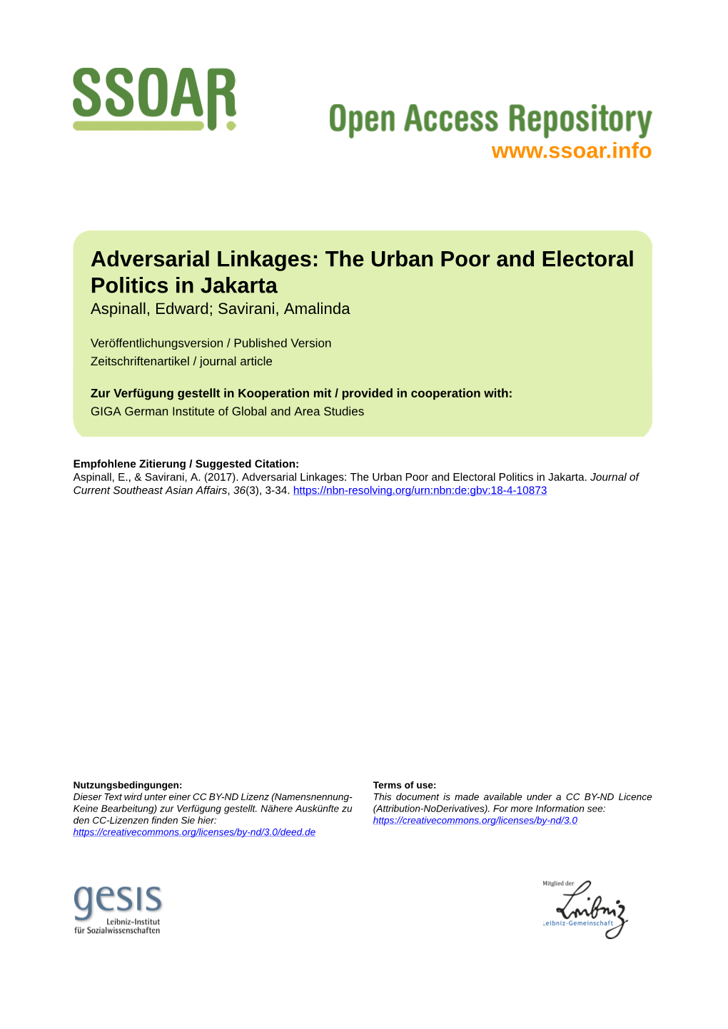 Adversarial Linkages: the Urban Poor and Electoral Politics in Jakarta Aspinall, Edward; Savirani, Amalinda