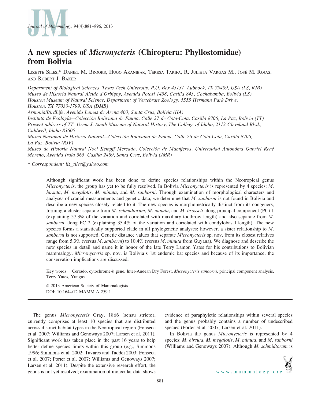 A New Species of Micronycteris (Chiroptera: Phyllostomidae) from Bolivia