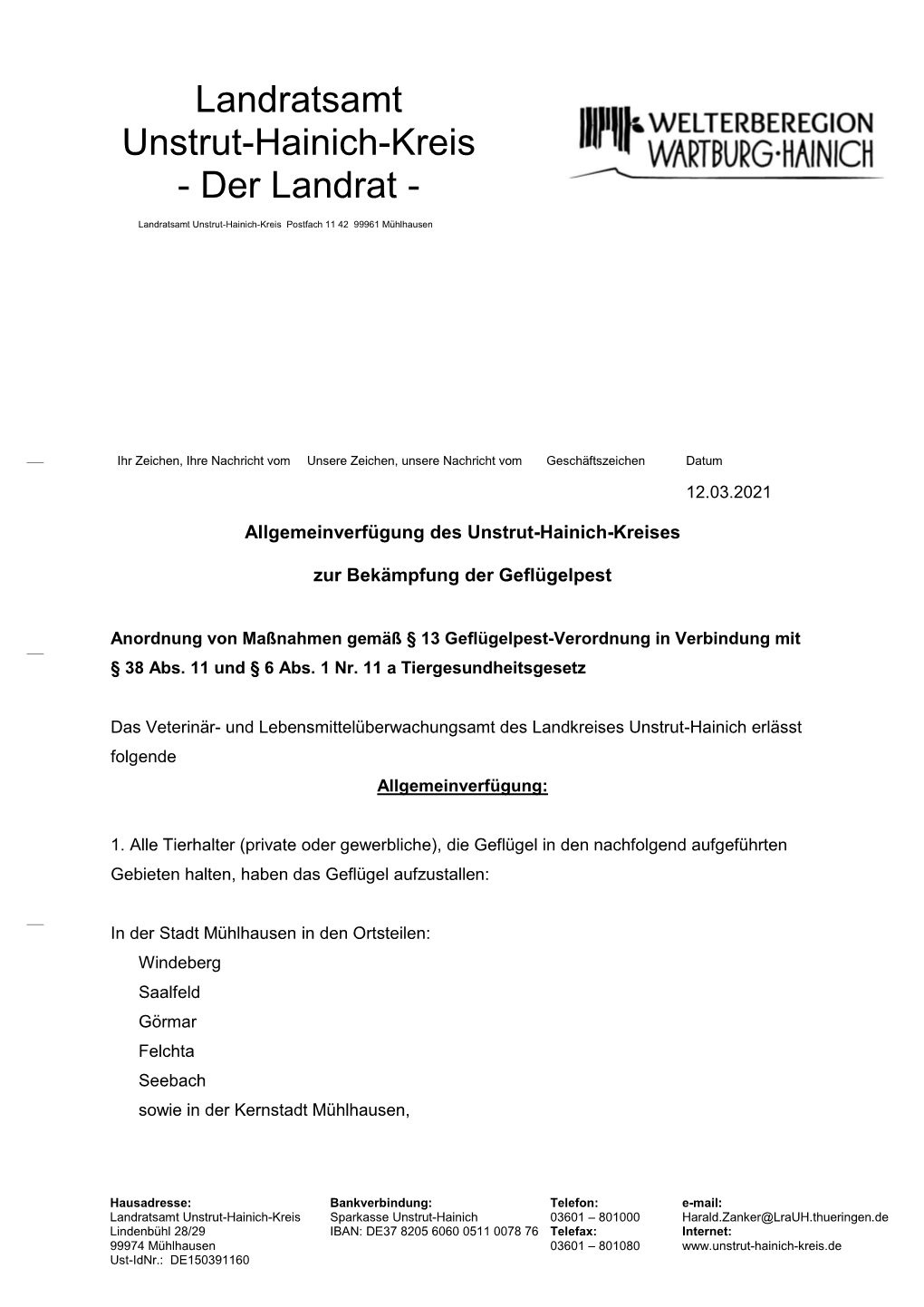 Landratsamt Unstrut-Hainich-Kreis Postfach 11 42 99961 Mühlhausen