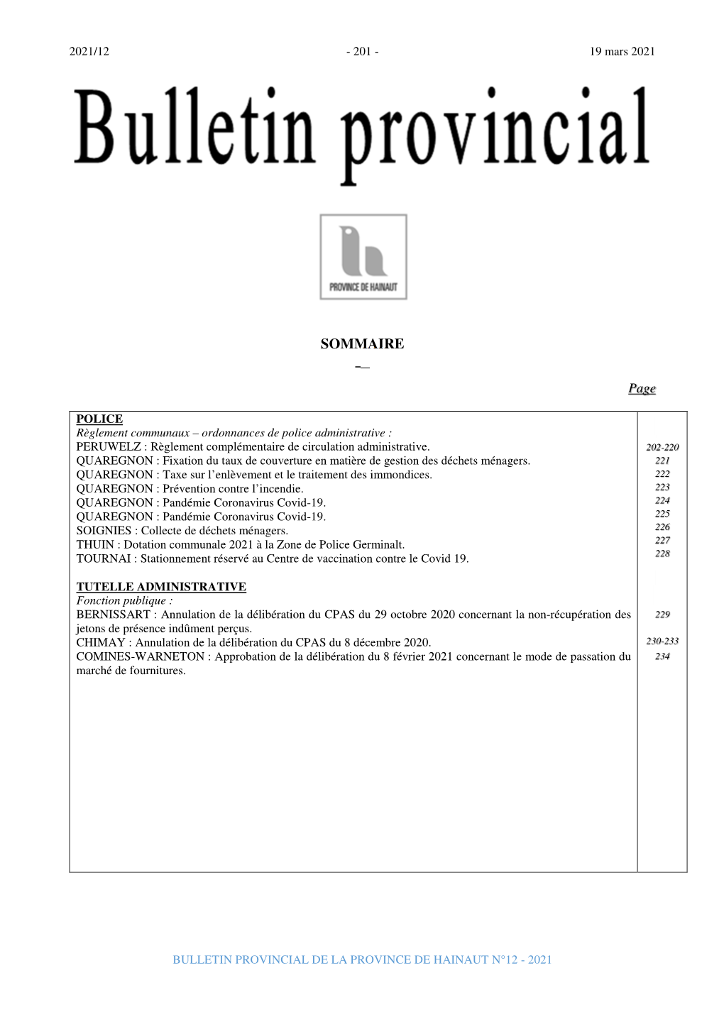 Bulletin Provincial N°12 Du 19 Mars 2021