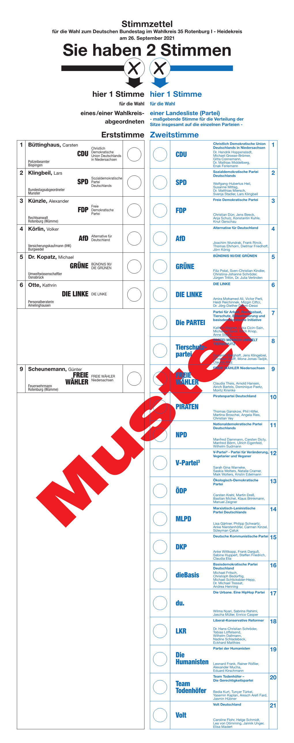 Stimmzettel Für Die Wahl Zum Deutschen Bundestag Im Wahlkreis 35 Rotenburg I - Heidekreis Am 26