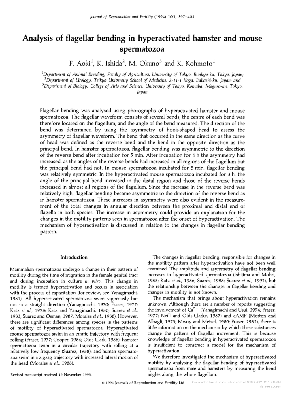 Analysis of Flagellar Bending in Hyperactivated Hamster and Mouse Spermatozoa F