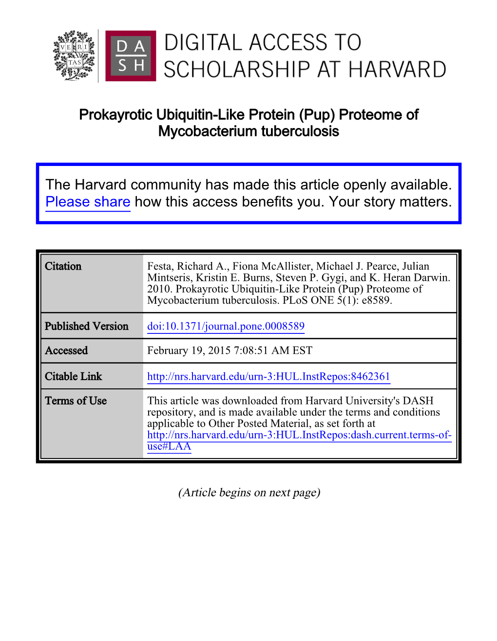 Prokayrotic Ubiquitin-Like Protein (Pup) Proteome of Mycobacterium Tuberculosis