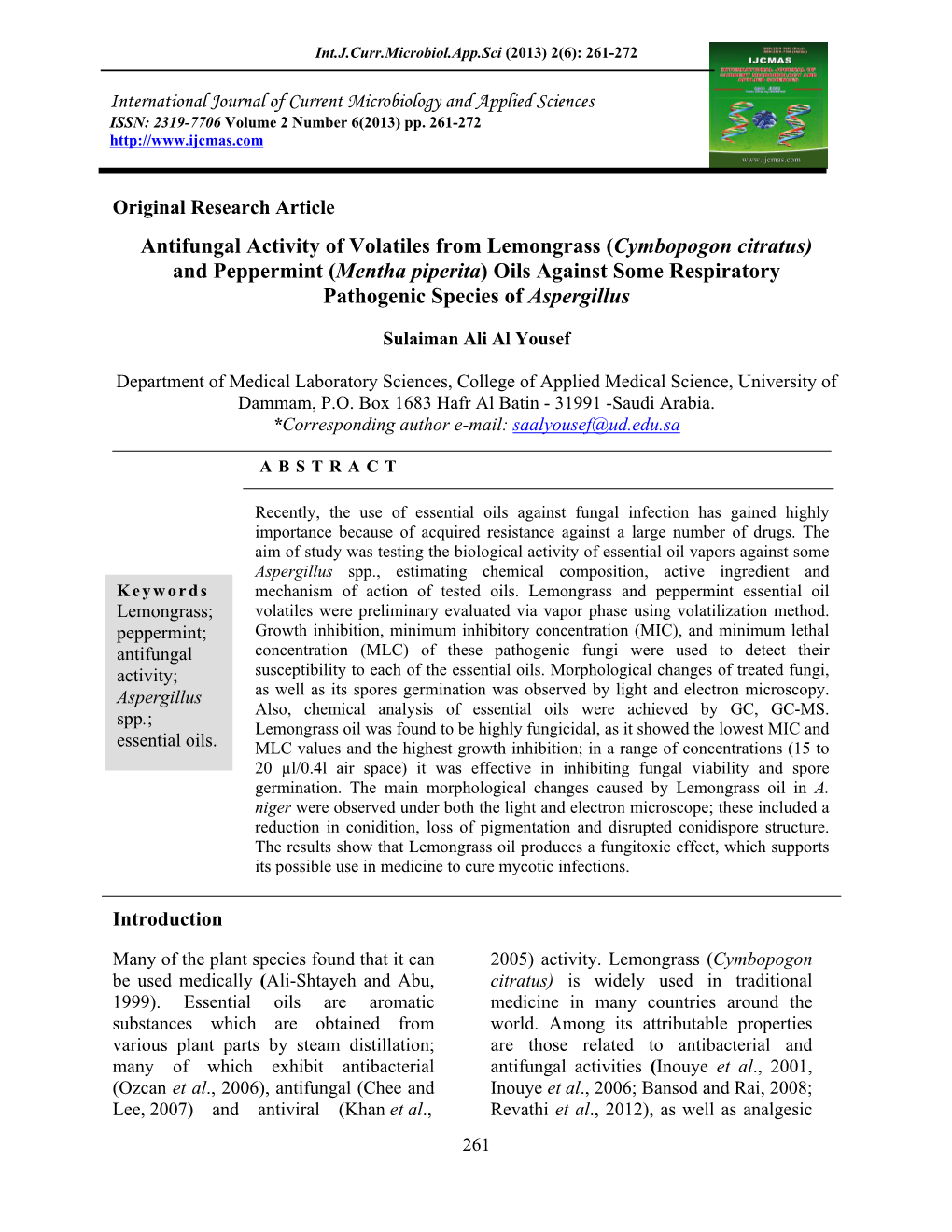 Antifungal Activity of Volatiles from Lemongrass (Cymbopogon Citratus)