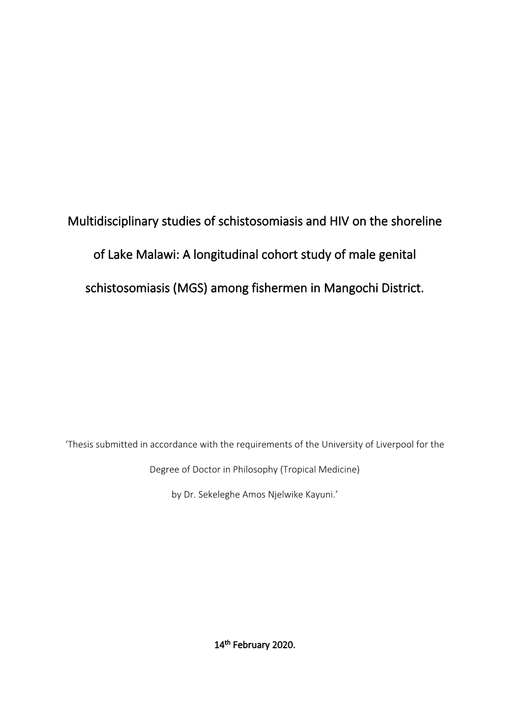 Multidisciplinary Studies of Schistosomiasis and HIV on the Shoreline