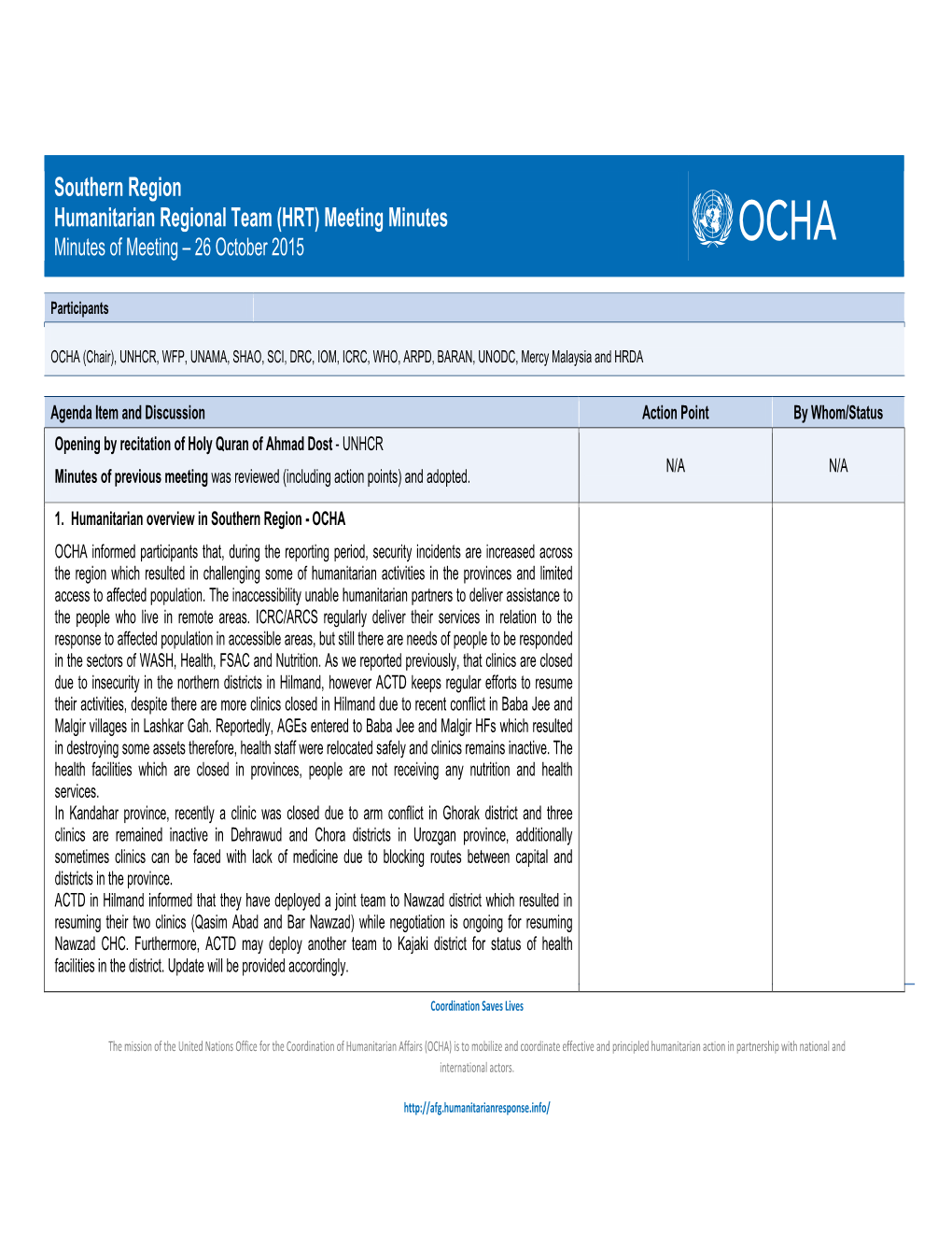 Southern Region Humanitarian Regional Team (HRT) Meeting Minutes Minutes of Meeting – 26 October 2015