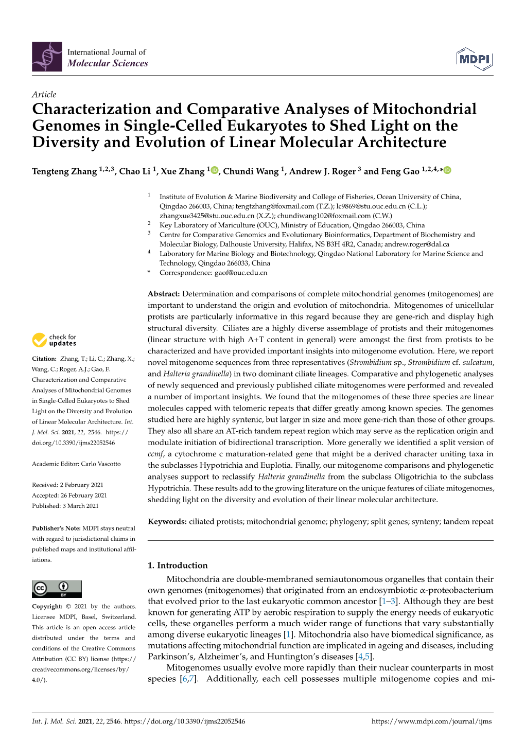 Characterization and Comparative Analyses of Mitochondrial Genomes in Single-Celled Eukaryotes to Shed Light on the Diversity An