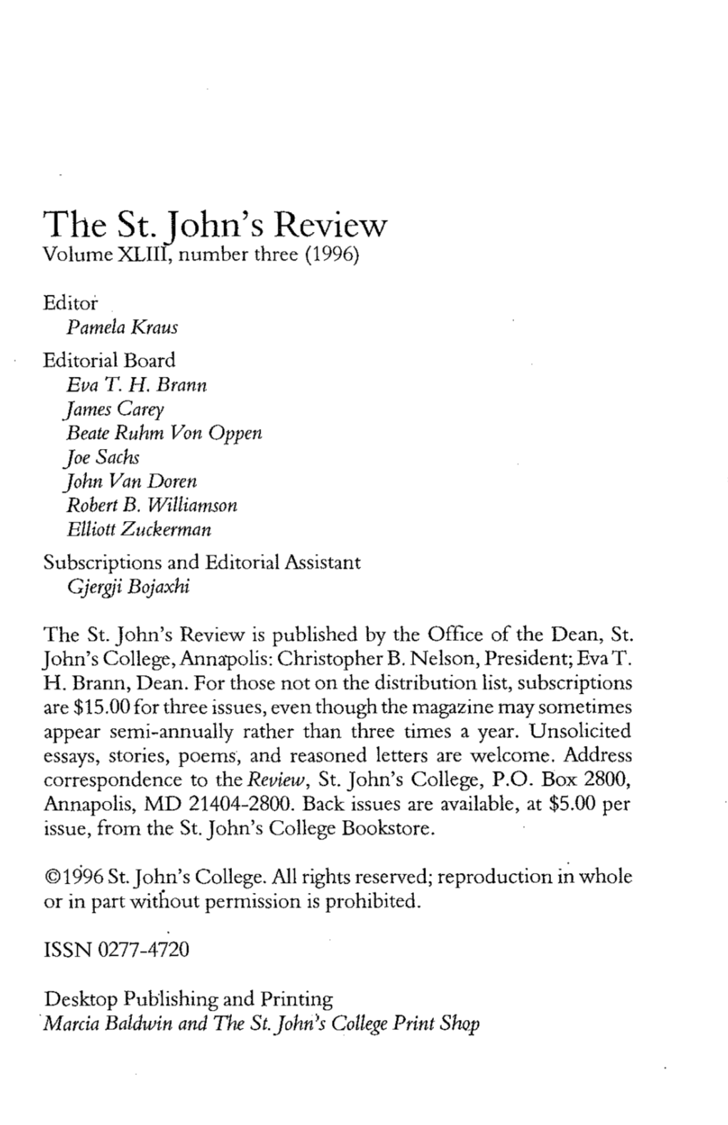 The St. John's Review Volume XLIII, Number Three (1996)