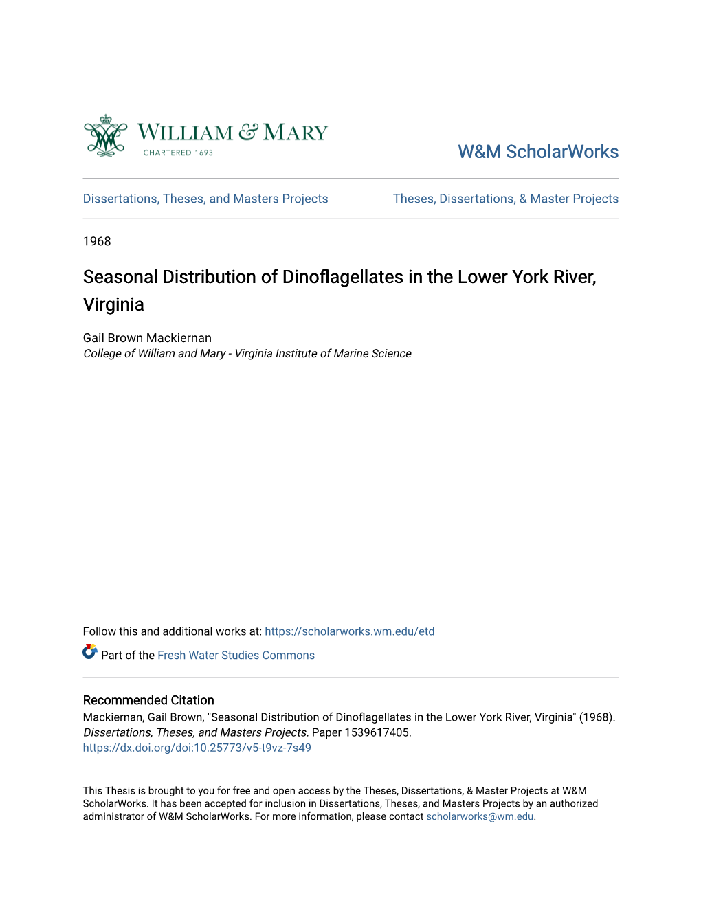 Seasonal Distribution of Dinoflagellates in the Lower York