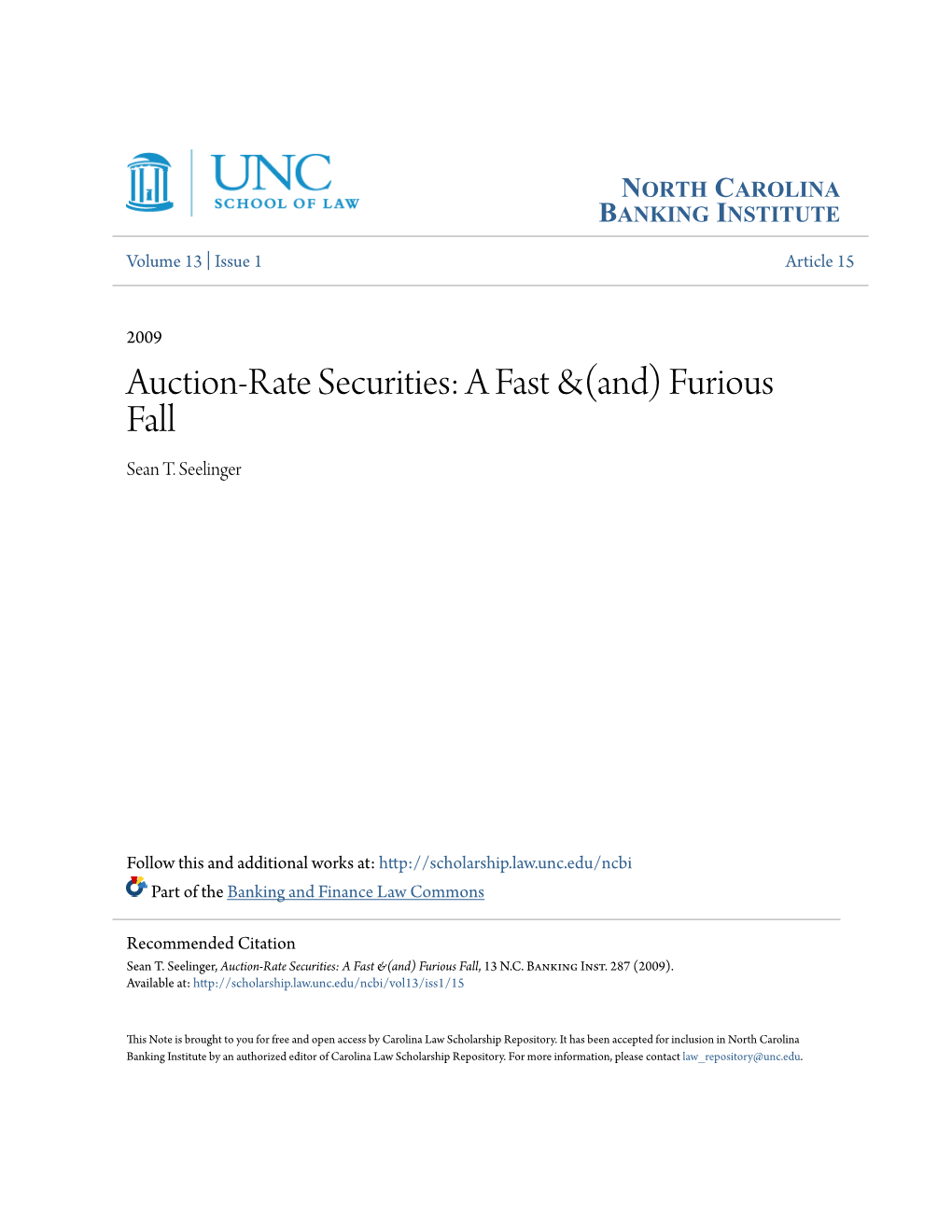 Auction-Rate Securities: a Fast &(And) Furious Fall Sean T
