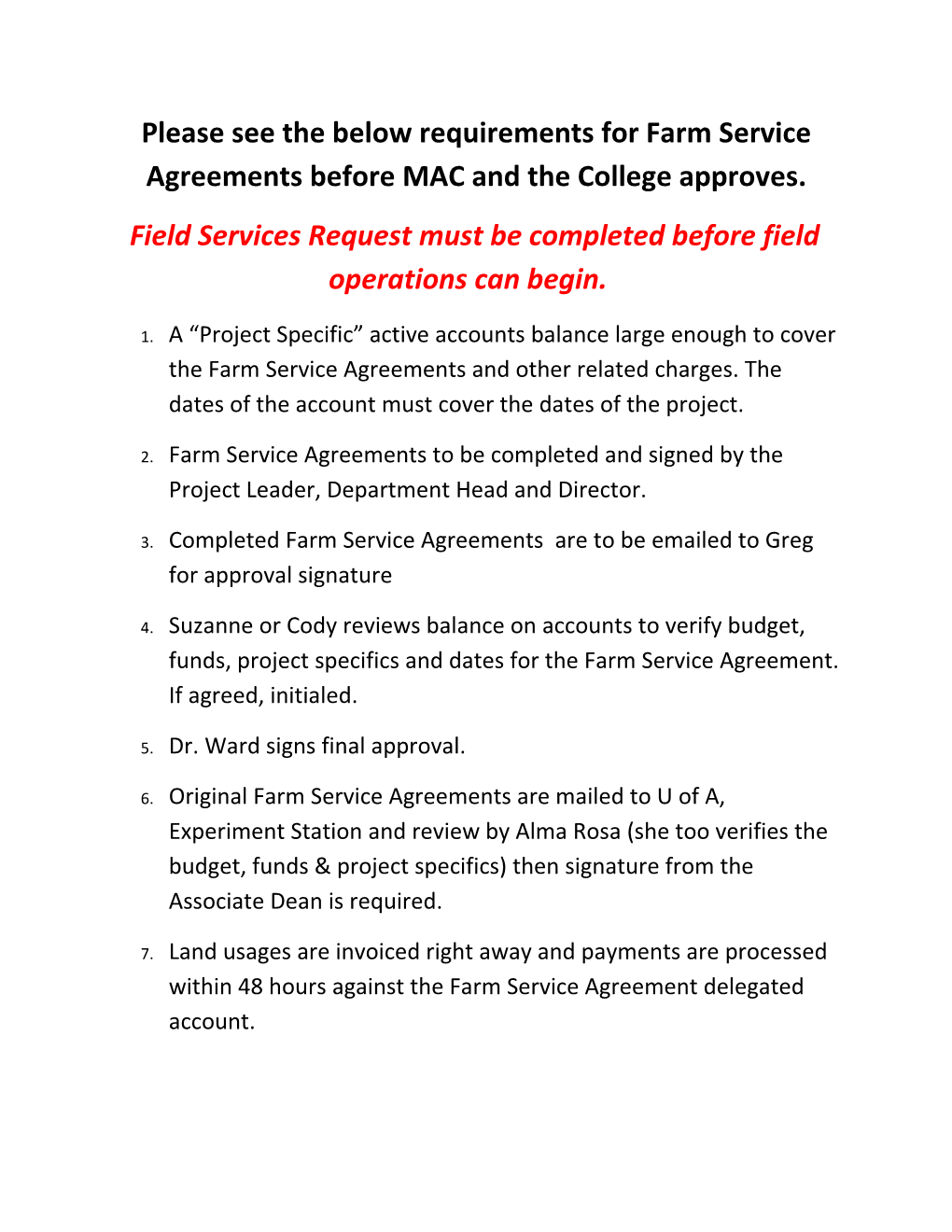 Please See the Below Requirements for Farm Service Agreements Before MAC and the College