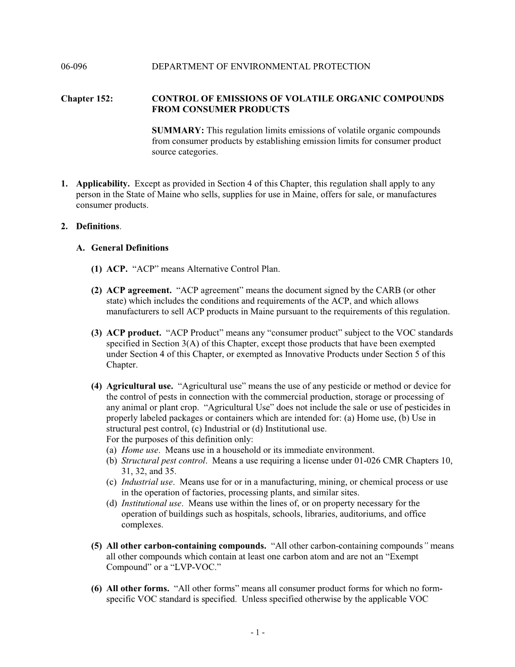 Chapter 152: CONTROL of EMISSIONS of VOLATILE ORGANIC COMPOUNDS from CONSUMER PRODUCTS