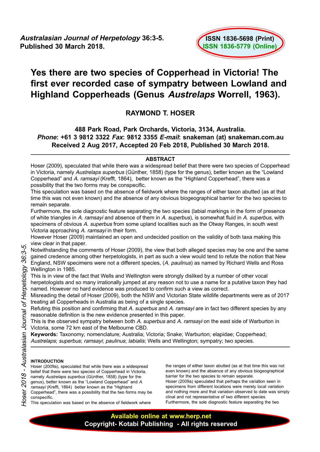 Yes There Are Two Species of Copperhead in Victoria! the First Ever Recorded Case of Sympatry Between Lowland and Highland Coppe