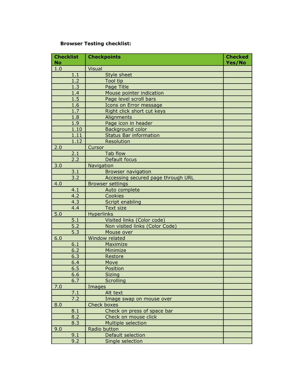 Browser Testing Checklist