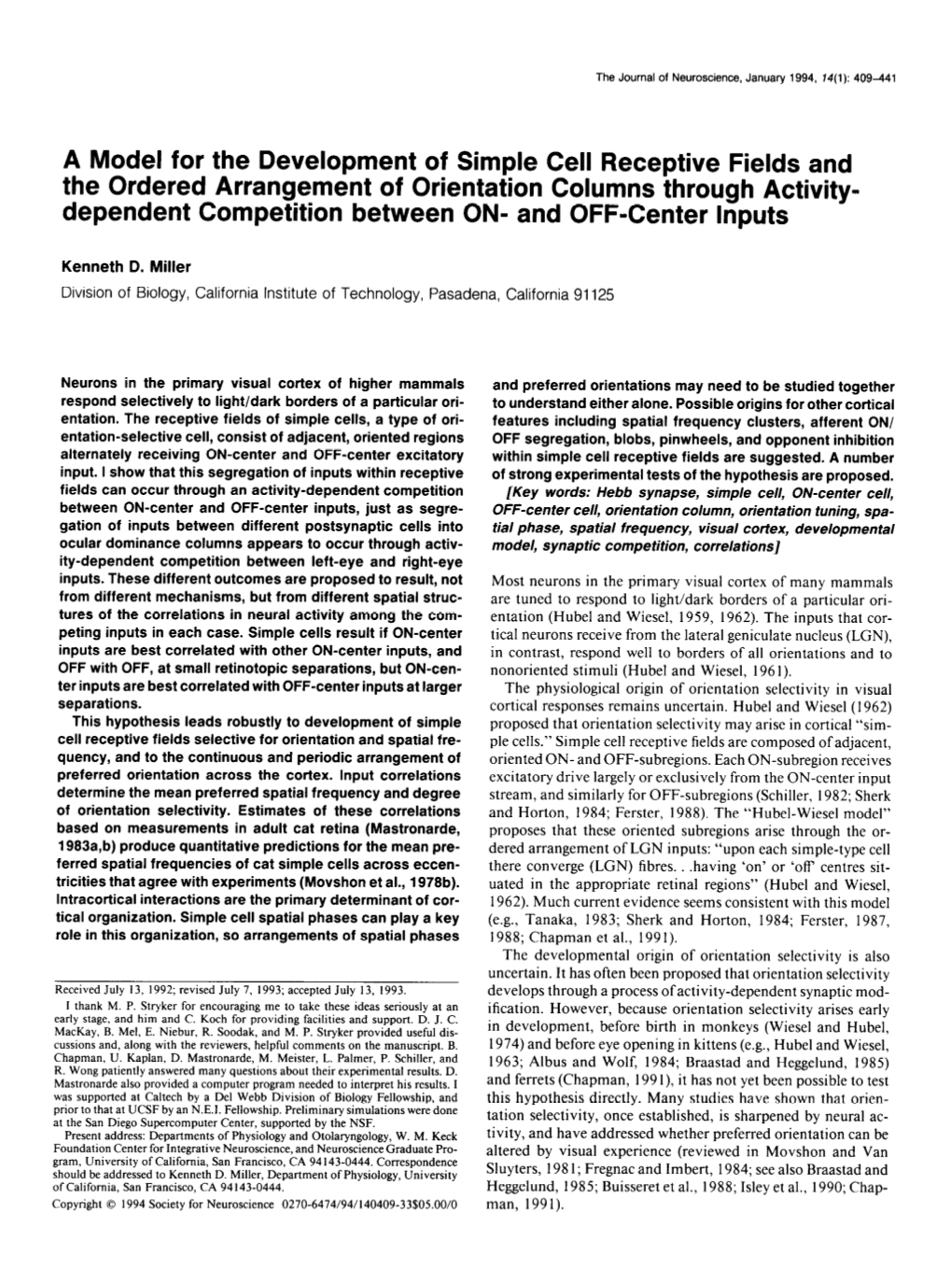 A Model for the Development of Simple Cell Receptive Fields And