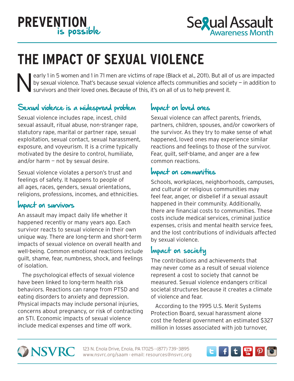 THE IMPACT of SEXUAL VIOLENCE Early 1 in 5 Women and 1 in 71 Men Are Victims of Rape (Black Et Al., 2011)