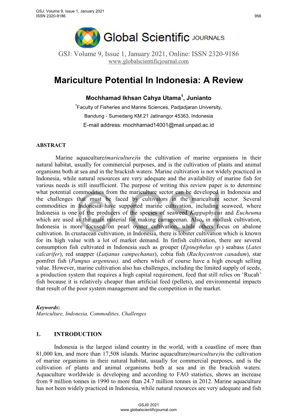 Mariculture Potential in Indonesia: a Review