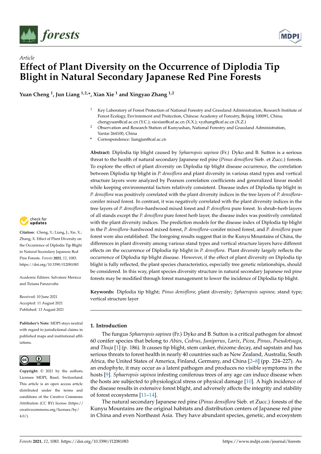 Effect of Plant Diversity on the Occurrence of Diplodia Tip Blight in Natural Secondary Japanese Red Pine Forests