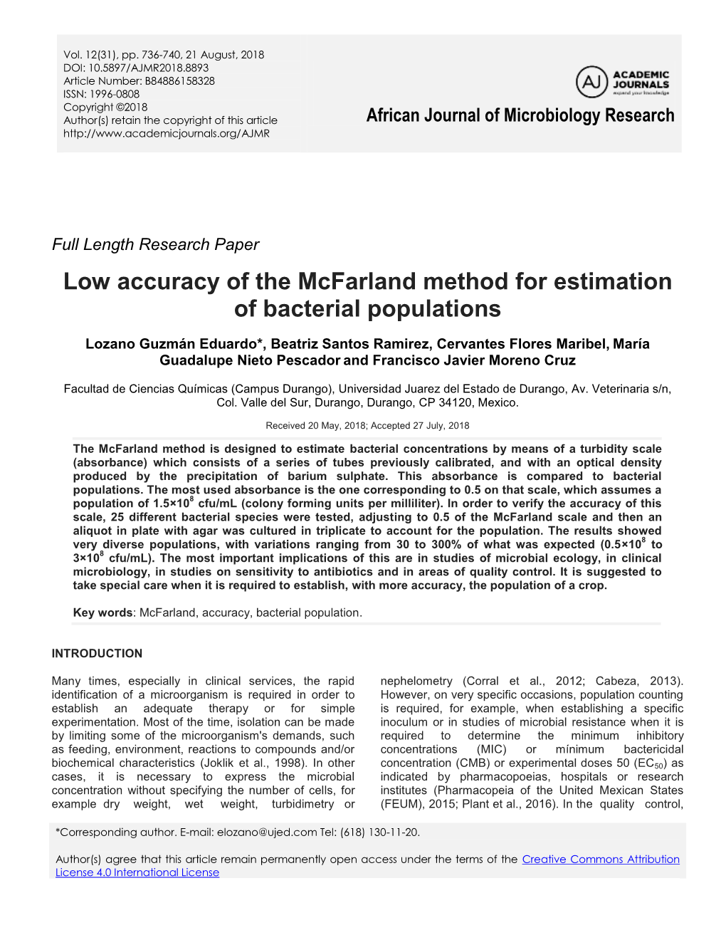 Low Accuracy of the Mcfarland Method for Estimation of Bacterial Populations