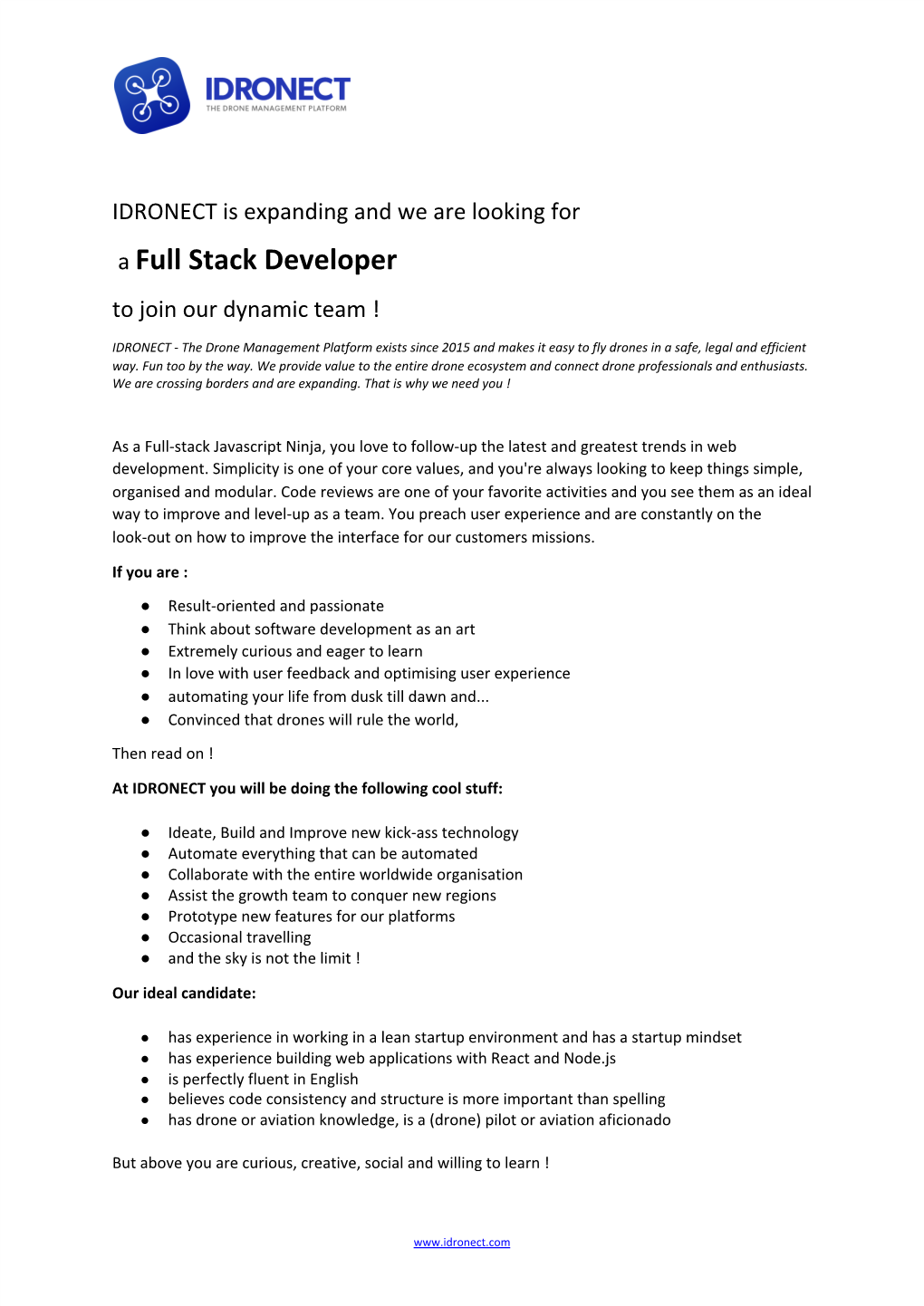 IDRONECT Is Expanding and We Are Looking for a ​Full Stack Developer