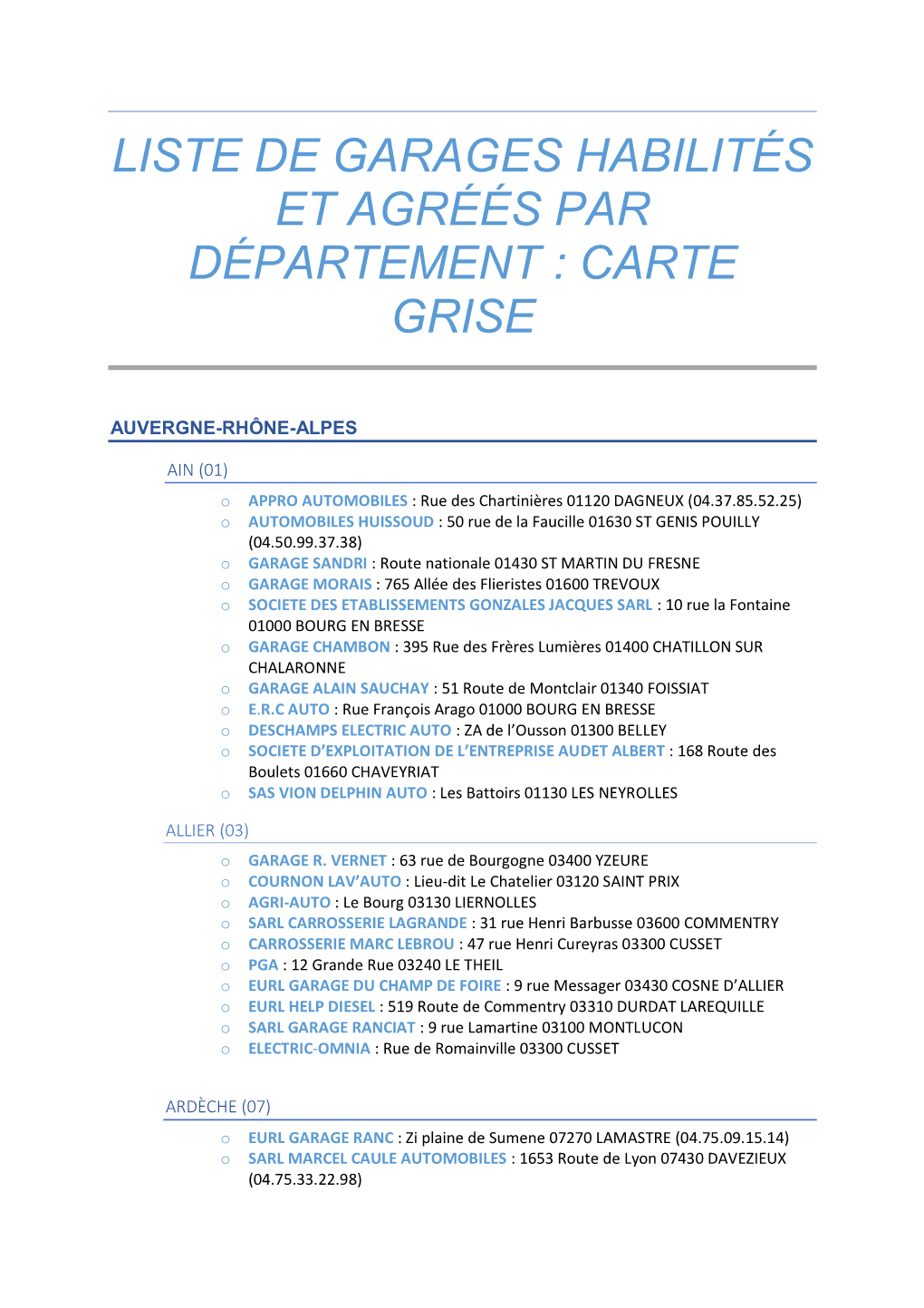 Liste De Garages Habilités Et Agréés Par Département : Carte Grise