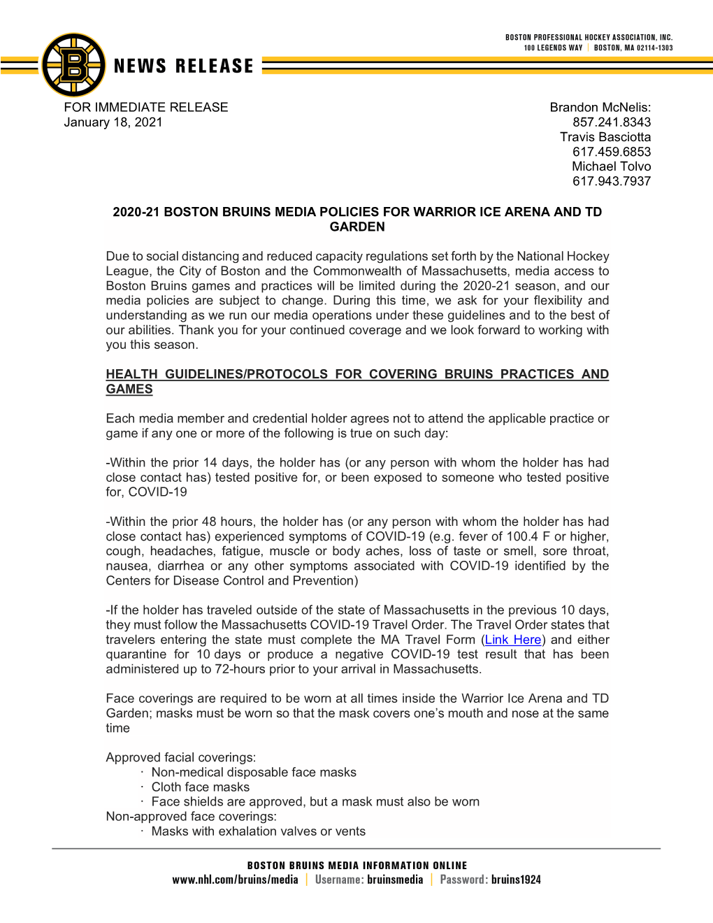 FOR IMMEDIATE RELEASE Brandon Mcnelis: January 18, 2021 857.241.8343 Travis Basciotta 617.459.6853 Michael Tolvo 617.943.7937