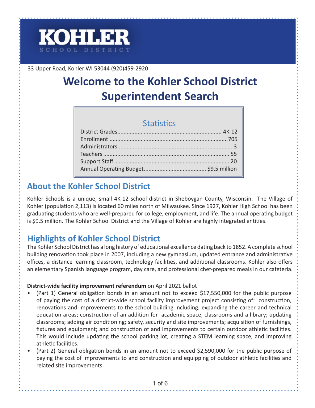 The Kohler School District Superintendent Search