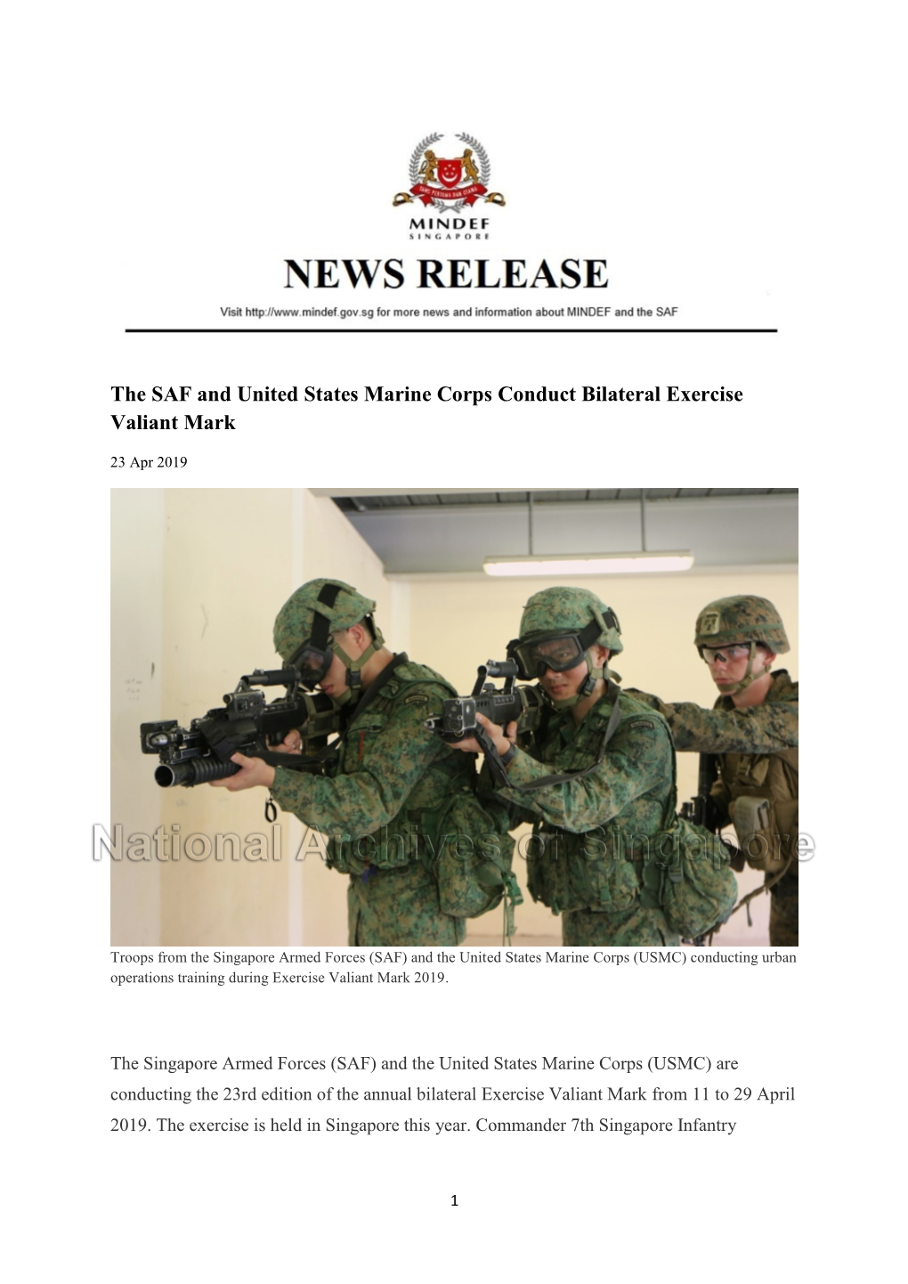 The SAF and United States Marine Corps Conduct Bilateral Exercise Valiant Mark