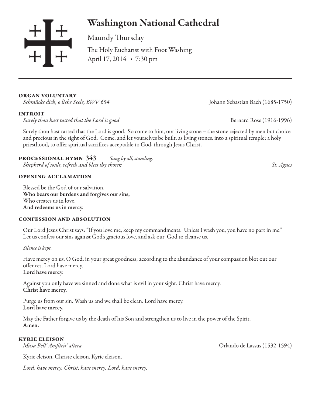 Worship Service Leaflet (Bulletin) for Holy Eucharist, Maundy Thursday, April 17, 2014