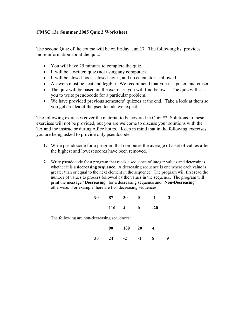 CMSC 131 Summer 2005 Quiz 2 Worksheet