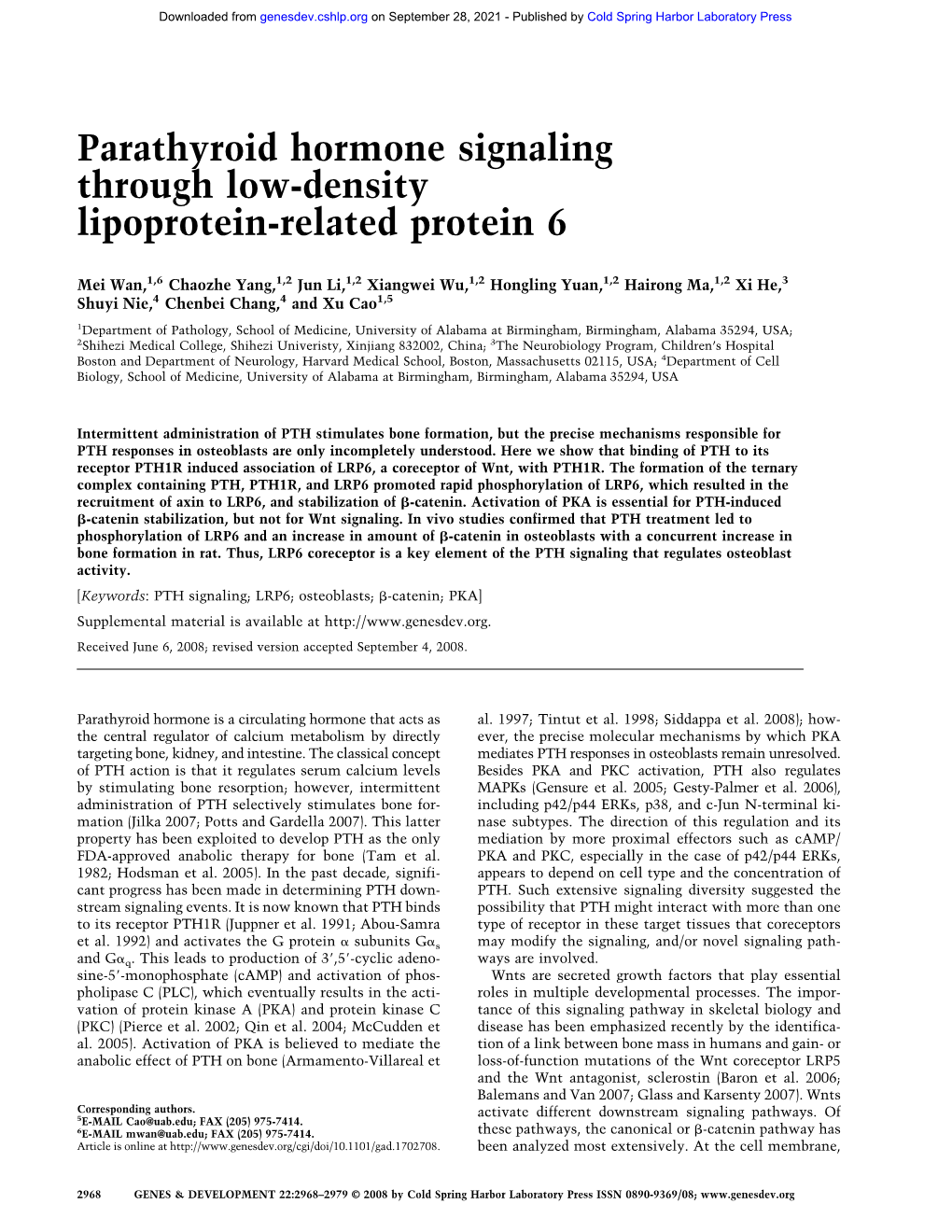 Parathyroid Hormone Signaling Through Low-Density Lipoprotein-Related Protein 6